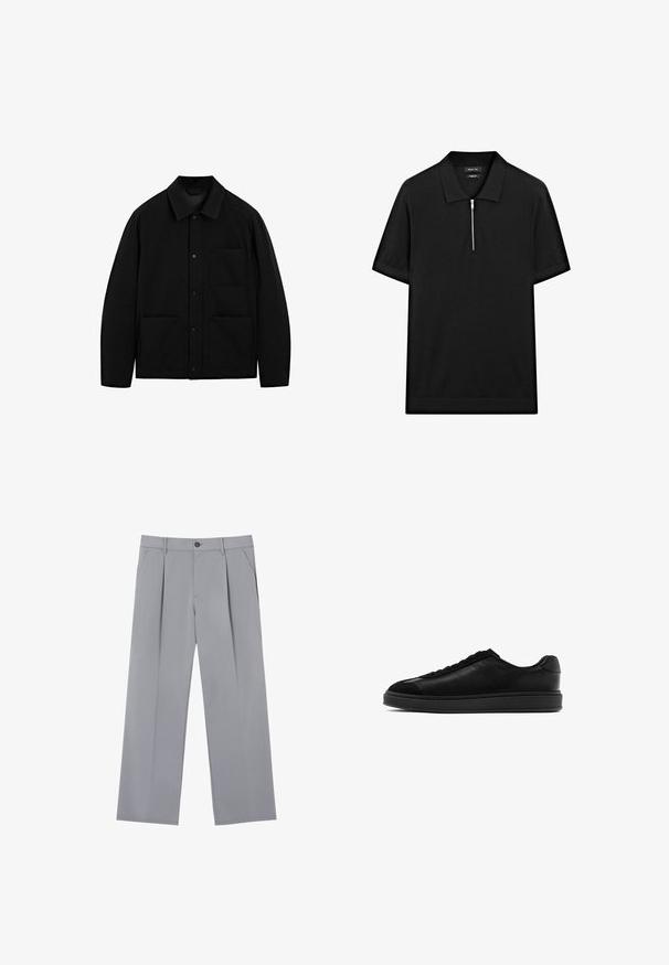 Zwarte button-up jas met een kraag, lange mouwen en drie voorzakken, weergegeven op een witte achtergrond.; Zwarte polo met korte mouwen, een staande kraag en een rits aan de voorkant. Gemaakt van een gladde stof met een schoon, minimalistisch ontwerp.; Grijze geplooide broeken met een ontspannen pasvorm, gemaakt van een lichte stof. Voorzien van voorzakken en een knoopsluiting in de taille.; Zwarte leren sneakers met een gladde afwerking, ronde neus, vetersluiting aan de voorkant en een contrasterende, gestructureerde tong. Dikke zwarte rubberen zool.