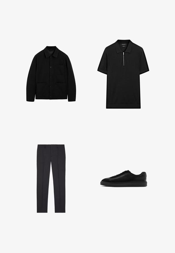 Černá sako s límečkem, dlouhými rukávy a třemi předními kapsami, vystavené na bílém pozadí.; Černé polo tričko s krátkým rukávem, stojatým límečkem a předním zipem. Vyrobeno z hladké tkaniny s čistým, minimalistickým designem.; The Kooples Oblekové kalhoty - black; Černé kožené tenisky s hladkým povrchem, kulatou špičkou, šněrováním na přední části a kontrastní texturovanou klopnou. Silná černá gumová podrážka.