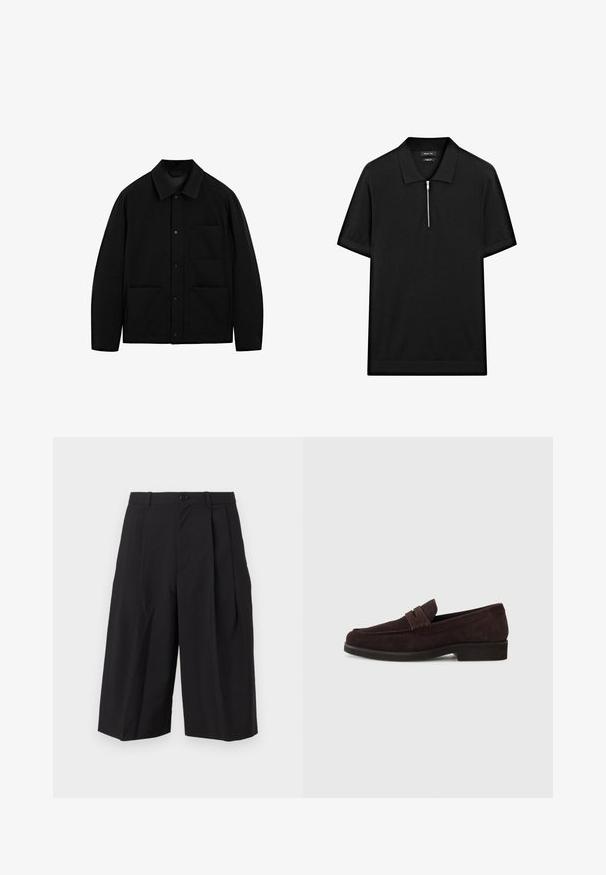 Černá sako s límečkem, dlouhými rukávy a třemi předními kapsami, vystavené na bílém pozadí.; Černé polo tričko s krátkým rukávem, stojatým límečkem a předním zipem. Vyrobeno z hladké tkaniny s čistým, minimalistickým designem.; Černé skládací šortky vyrobené z hladké látky, s předním zapínáním na knoflík a širokými, volnými nohavicemi.; Hnědé semišové mokasíny s nízkým profilem a kulatou špičkou. Mají dekorativní pásek přes horní část, plochou gumovou podrážku a žádné viditelné švy.
