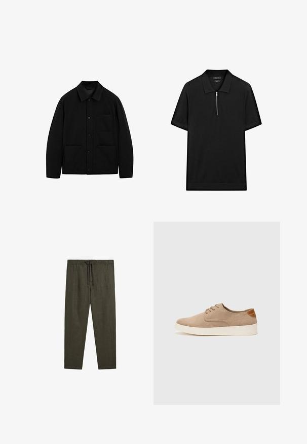 Zwarte button-up jas met een kraag, lange mouwen en drie voorzakken, weergegeven op een witte achtergrond.; Zwarte polo met korte mouwen, een staande kraag en een rits aan de voorkant. Gemaakt van een gladde stof met een schoon, minimalistisch ontwerp.; Massimo Dutti JOGGER FIT - Broek - dark green; Beige suède sneakers met een ronde neus, vetersluiting aan de voorkant en een getextureerde achteraccent. De witte rubberen zool zorgt voor contrast. Eenvoudig en modern ontwerp.