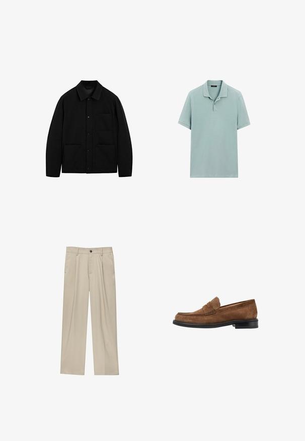 Zwarte button-up jas met een kraag, lange mouwen en drie voorzakken, weergegeven op een witte achtergrond.; Lichtblauwe polo van katoen, met een kraag en een knoopsluiting met drie knopen. Korte mouwen en een rechte zoom.; Beige broek met een rechte snit, voorzien van een enkele zwarte knoop, riemlussen en zijzakken. Glad stoffen textuur en een minimalistisch ontwerp.; Bruine suède instappers met een ronde neus, gestikte details op het bovenwerk en een zwarte rubberen zool. Minimale messing accenten.