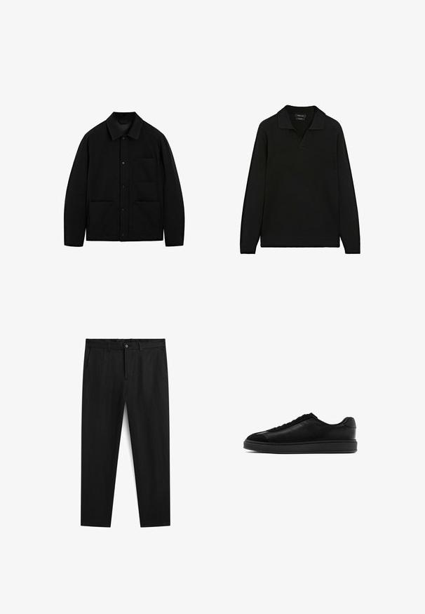 Giacca nera con bottoni, colletto, maniche lunghe e tre tasche frontali, esposta su uno sfondo bianco.; Pullover nero in maglia con colletto piatto e scollatura a V. Presenta maniche lunghe e polsini e orlo a costine. Tessuto testurizzato con aspetto liscio.; Pantaloni neri in cotone con taglio dritto, dotati di chiusura a bottone, passanti per cintura e due tasche laterali. Texture liscia e design minimalista.; Sneaker in pelle nera con finitura liscia, punta rotonda, laccio frontale e linguetta testurizzata a contrasto. Suola in gomma nera spessa.