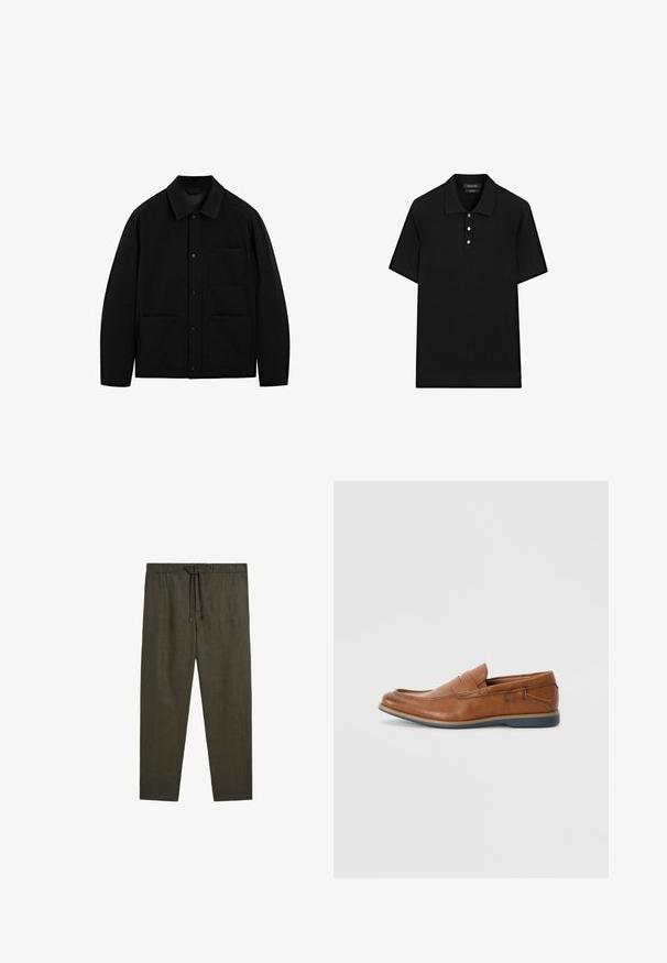 Black button-up jacket with a collar, long sleeves, and three front pockets, displayed on a white background.; Black polo shirt with a ribbed texture, short sleeves, a flat collar, and three-button placket. Simple and classic design.; Massimo Dutti JOGGER FIT - Trousers - dark green; Brown leather loafers with a round toe, stitched accents, and a low rubber sole. The design features a band across the upper.