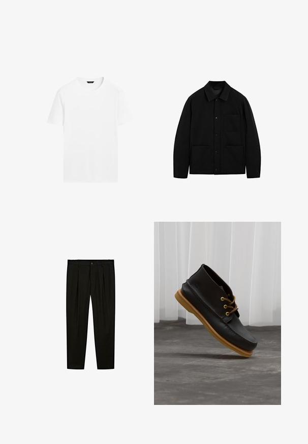 Schwarze Knopfjacke mit Kragen, langen Ärmeln und drei Vorderentaschen, auf einem weißen Hintergrund präsentiert.; Weißes Baumwoll-T-Shirt mit rundem Hals, kurzen Ärmeln und geradem Schnitt. Es hat eine glatte, leichte Textur und keine sichtbaren Muster.; Schwarze maßgeschneiderte Hose aus glattem Stoff. Zu den Merkmalen gehören eine flache Vorderseite, weite Beine und ein Knopfverschluss am Taillenbund.; Schwarze Lederschuhe mit glatter Oberfläche, runder Zehenform, braunen Schnürsenkeln und hellbraunen Gummisohlen. Logo an der Seite geprägt.