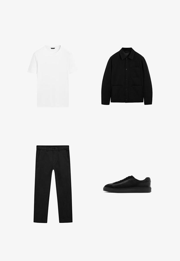 Black button-up jacket with a collar, long sleeves, and three front pockets, displayed on a white background.; White cotton t-shirt with a round neck, short sleeves, and a straight cut. Features a smooth, lightweight texture and no visible patterns.; Black cotton pants featuring a straight-leg design, front pockets, and a classic button closure with a zip fly. Smooth texture, tailored fit.; Black leather sneakers with a smooth finish, round toe, lace-up front, and a contrasting textured tongue. Thick black rubber sole.
