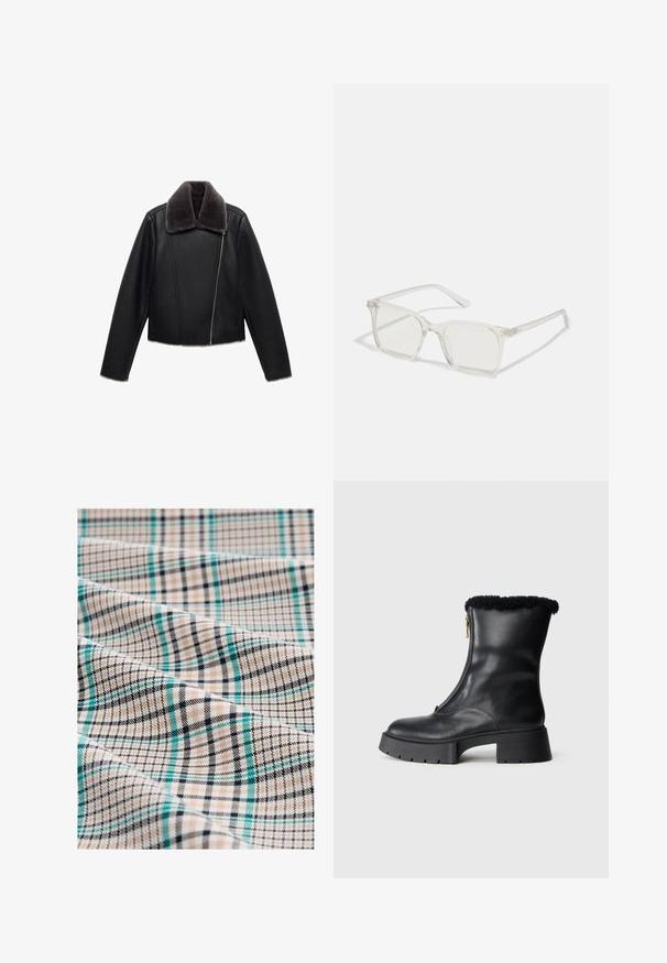 Zwarte leren jas met een grijze nepbont kraag, cropped ontwerp, lange mouwen en een diagonale ritssluiting aan de voorkant.; Crème-kleurige langemouwtop met een hoge kraag, zachte textuur en een ontspannen pasvorm. Naadloze schouders en een rechte zoom met zijsplitten.; Ruitjesstof in beige, zwart en teal. Kenmerkt zich door een rasterpatroon met fijne lijnen en een gestructureerd oppervlak, dat een mix van ruiten en strepen toont.; Zwarte leren enkellaars met een met schapenvacht gevoerde omslag, zijrits, dikke rubberen zool en een minimalistisch ontwerp. Soepele textuur en matte afwerking.; Heldere plastic vierkante monturen met doorzichtige glazen, gekenmerkt door gouden accenten op de slapen voor extra detail.