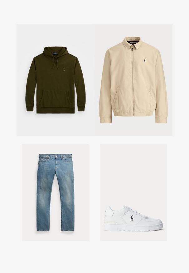 Bež laka jakna s visokim ovratnikom, prednjim zipom, bočnim džepovima i malim tamnoplavi imenom na lijevoj strani grudi. Izrađena od glatkog materijala.; Polo Ralph Lauren Big & Tall LOOPBACK FLEECE HOODIE - Sportska majica - dark loden; Svijetloplave traperice ravnog kroja, s dugmadi na zatvaranju, pet džepova, suptilnim izblijeđenjem i naglascima u šivanju.; Bijele kožne tenisice s teksturiranim bočnim dijelovima, okruglim vrhom i perforacijama. Sadrže crni logo, vezice i debeli gumeni potplat.