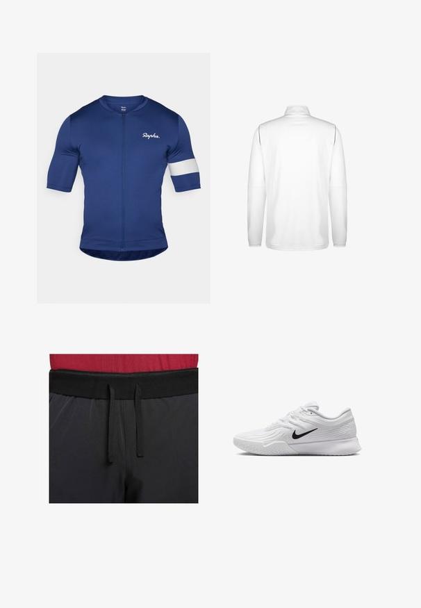 Bílá košile s dlouhým rukávem a vysokým límcem. Hladká textura, minimalistický design, žádné viditelné logo nebo vzory, rovný střih na dolním okraji.; Námořnické cyklistické tričko s krátkým rukávem, plným zipem a bílým pruhem na levém rukávu. Vyrobeno z hladkého, elastického materiálu.; Černé sportovní kalhoty mají široký pas s vnějším stahováním. Tkanina je hladká s mírným leskem a bez viditelných vzorů.; Bílá sportovní obuv s texturovaným síťovaným svrchním materiálem, černým logem Nike, polstrovaným límcem a gumovou podrážkou s vzorkem na běhání.