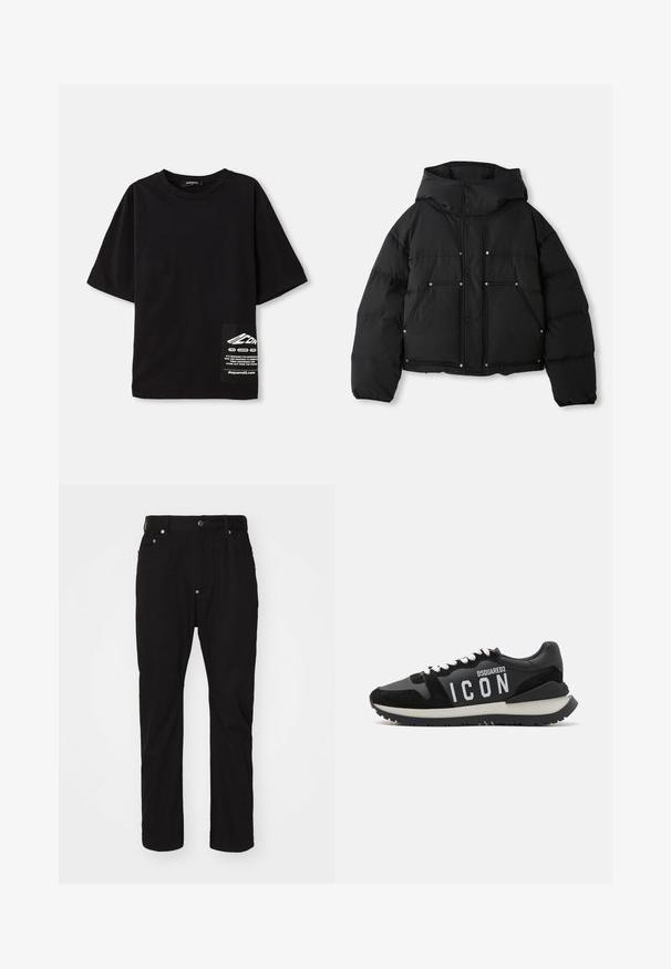 Schwarze, kurze Steppjacke mit Kapuze, ausgestattet mit Druckknöpfen und zwei vorderen Taschen. Glatte Textur mit gesteppten Abschnitten zur Isolierung.; Schwarzes, übergroßes T-Shirt aus Baumwolle, mit kurzen Ärmeln, rundem Halsausschnitt und einem Etikett mit weißem Text auf einer seitlichen Brusttasche.; Schwarze Baumwollhosen mit geradem Schnitt, Knopfverschluss, fünf Taschen und subtiler Textur. Keine sichtbaren Verzierungen oder Muster.; Schwarze Sneaker aus Leder und Wildleder, mit einem weißen "ICON"-Logo und einer kontrastierenden schwarzen Laufsohle. Die Schnürsenkel sind weiß; das Design ist sportlich.