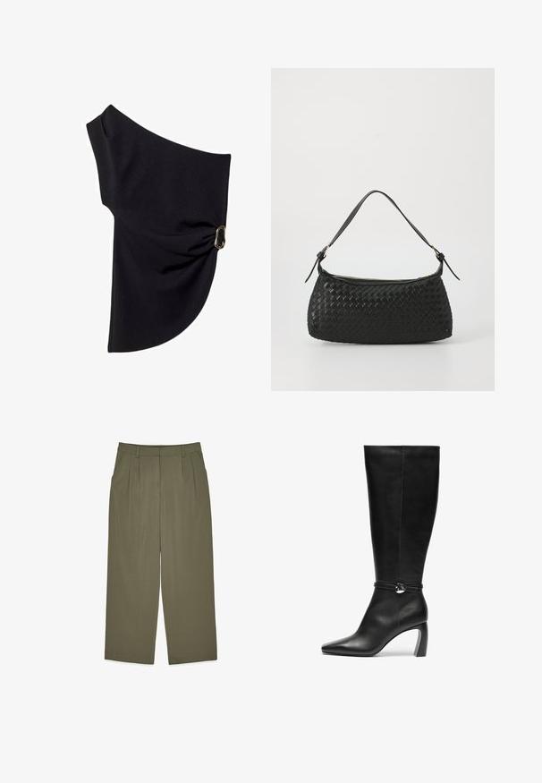 Olivgrüner, doppelt geknöpfter Blazer aus strukturiertem Stoff, mit Reverskragen, zwei Fronttaschen und runden schwarzen Knöpfen.; Asymmetrisches schwarzes Oberteil aus glattem Stoff, das ein gerafftes Design mit einem goldfarbenen Hardware-Akzent auf einer Seite aufweist.; Olivgrüne High-Waist-Hosen mit Gürtelschlaufen, vorderen Falten, Seitentaschen und weitem Bein, flach auf weißem Hintergrund präsentiert.; Schwarze Lederkniehohe Stiefel mit spitzem Zeh und breitem Absatz. Sie verfügen über einen Riemen mit einem runden Akzentdetail am Knöchel.; Schwarze geflochtene Schultertasche mit einem glatten Ledertragegurt und Reißverschluss. Verfügt über eine strukturierte Oberfläche und eine gebogene Form.; Goldenes rechteckiges Uhrenarmband mit einem weißen Ziffernblatt, minimalistischen Stundenmarkierungen und einem Metallmeshband. Verfügt über eine seitliche Krone zur Zeiteinstellung.