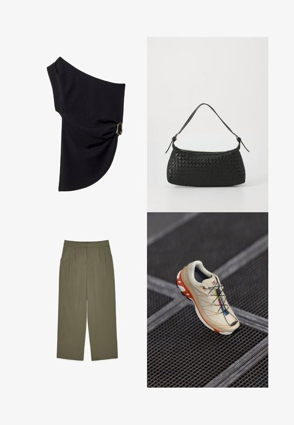 Olivgrüner, doppelt geknöpfter Blazer aus strukturiertem Stoff, mit Reverskragen, zwei Fronttaschen und runden schwarzen Knöpfen.; Asymmetrisches schwarzes Oberteil aus glattem Stoff, das ein gerafftes Design mit einem goldfarbenen Hardware-Akzent auf einer Seite aufweist.; Olivgrüne High-Waist-Hosen mit Gürtelschlaufen, vorderen Falten, Seitentaschen und weitem Bein, flach auf weißem Hintergrund präsentiert.; Beige Laufschuh mit orangefarbenen Akzenten, entworfen mit einem strukturierten Obermaterial, schwarzem Außensohlen und integriertem Schnürsystem. Verfügt über GORE-TEX-Branding.; Schwarze geflochtene Schultertasche mit einem glatten Ledertragegurt und Reißverschluss. Verfügt über eine strukturierte Oberfläche und eine gebogene Form.; Goldenes rechteckiges Uhrenarmband mit einem weißen Ziffernblatt, minimalistischen Stundenmarkierungen und einem Metallmeshband. Verfügt über eine seitliche Krone zur Zeiteinstellung.