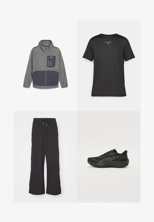 Lekka szara kurtka z kapturem, z ciemnoniebieską kieszenią i zamkiem, gładka faktura oraz sportowy design.; Czarna sportowa koszulka krótki rękaw z lekkiego materiału. Posiada okrągły dekolt oraz nadrukowane logo "HYROX" z emblematem Pumy z przodu.; Czarne szerokie spodnie dresowe z elastycznym pasem i sznurkiem. Posiadają białe paski po bokach oraz dwie boczne kieszenie. Gładka tekstura.; Czarny but sportowy z teksturowaną siateczką, płaskimi sznurówkami i amortyzowaną podeszwą z subtelnymi odblaskowymi akcentami.