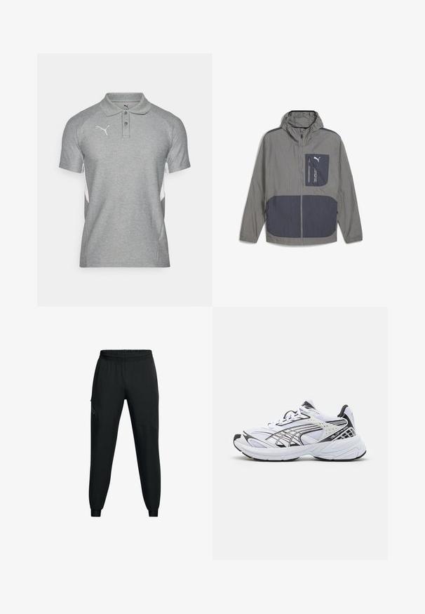 Lengvas pilkas švarkas su kapišonu, su tamsiai mėlynu akcentu kišenėje ir užtrauktuke, lygaus paviršiaus ir sportiškos išvaizdos.; Pilkos spalvos polos marškiniai su tekstūruotu paviršiumi, su apykakle, dviem mygtukais ir baltais šoniniais akcentais. Logotipas krūtinėje.; Juodi sportiniai kelnės su elastinga juosmena, siaurėjančio pjūvio, šoninėmis kišenėmis ir kontrastingais panelių detalėmis. Lengvas, lygus audinys.; Baltas sportinis batelis su juodais akcentais. Tinklelis ir sintetinė viršutinė dalis, storas padas ir išlenktas dizainas. Yra raišteliai priekyje ir logotipo detalės.
