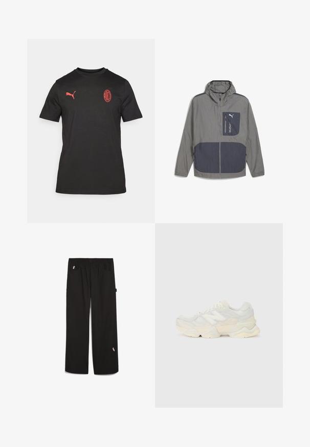 Lengvas pilkas švarkas su kapišonu, su tamsiai mėlynu akcentu kišenėje ir užtrauktuke, lygaus paviršiaus ir sportiškos išvaizdos.; Juodas trumpomis rankovėmis marškinėliai, pagaminti iš minkštos medžiagos. Priekyje kairėje krūtinės pusėje yra raudonas Puma logotipas ir raudonas siuvinėtas klubo emblema.; Juodos kelnės su elastinga juostele, dviem priekinėmis kišenėmis ir maža siuvinėta detale ant apatinės kojos. Pagaminta iš lengvos medžiagos.; Lengvas sportinis batelis su tinklinio ir zomšinės viršutine dalimi švelniu kremo atspalviu, turi masyvų pado dizainą ir trimatį akcentą.