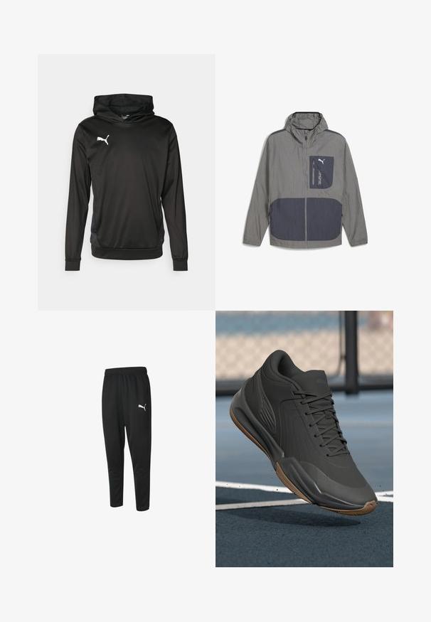 Kergehall jakk, millel on kapuuts, tumeda sinise aktsenttasku ja tõmblukuga, sile tekstuur ja sportlik disain.; Mustvalge kapuutsiga sviiter, mis on valmistatud siledast kangast, millel on pikad varrukad, känguru tasku ja valge logo rinnal.; Mustad mustad spordipüksid, mis on valmistatud siledast kangast, omavad paelaga vööd, kitsenevaid jalgu ja väikest valget Puma logo vasakul küljel.; Mustad mustreejal, millel on sile sünteetiline pealis, tekstuuriga aktsendid ja kummist tallad, loodud soorituse ja mugavuse tagamiseks.