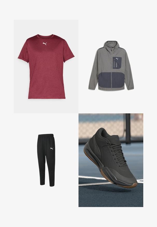 Lightweight gray jacket with a hood, featuring a dark blue accent pocket and zipper, smooth texture, and a sporty design.; Maroon short-sleeve t-shirt made of smooth fabric featuring a white Puma logo on the chest, with a ribbed crew neckline.; Black athletic pants made of smooth fabric, featuring a drawstring waist, tapered legs, and a small white Puma logo on the left side.; Black athletic shoe with a smooth synthetic upper, textured accents, and a gum rubber sole, designed for performance and comfort.