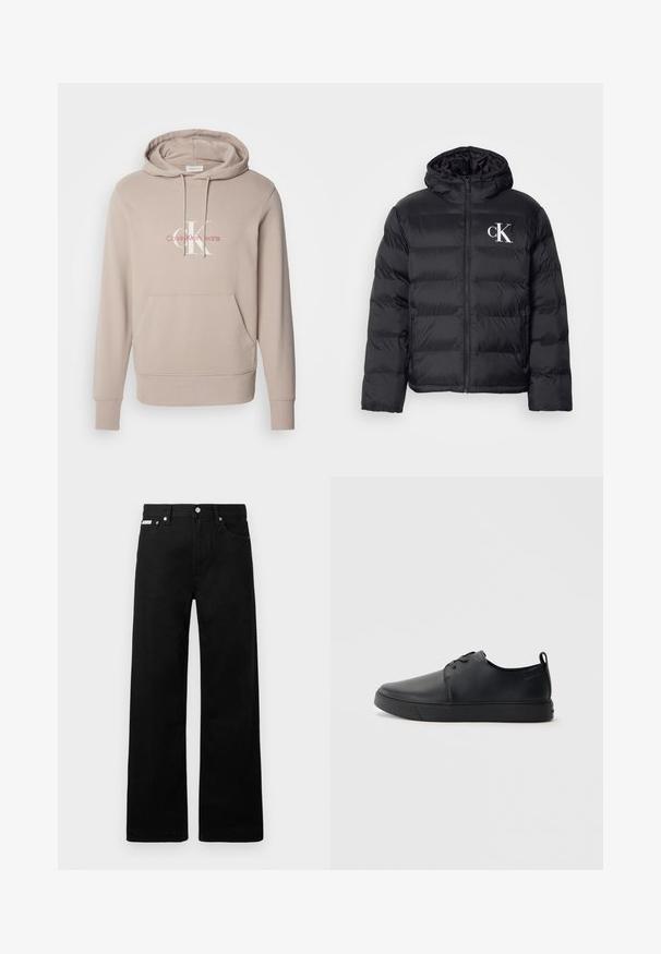 Giacca a sacco nera con zip frontale, cappuccio e logo "CK" bianco. Presenta un design trapuntato e una texture liscia e lucida.; Felpa beige realizzata in un tessuto morbido, con tasca frontale, cappuccio con coulisse e un logo stampato in bianco e rosso sul petto.; Pantaloni in denim nero con design a gamba larga, dotati di cinque tasche e hardware in metallo per i bottoni. Texture liscia, senza motivi visibili.; Sneaker in pelle nera con finitura liscia, punta arrotondata, cuciture tono su tono, chiusura con lacci frontale e suola piatta in gomma. Anello sul tallone.