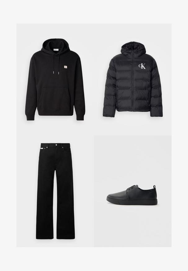Giacca a sacco nera con zip frontale, cappuccio e logo "CK" bianco. Presenta un design trapuntato e una texture liscia e lucida.; Felpa nera con tasca a marsupio, cappuccio regolabile con cordino e una piccola patch con logo sul petto. Realizzata in un tessuto morbido e strutturato.; Pantaloni in denim nero con design a gamba larga, dotati di cinque tasche e hardware in metallo per i bottoni. Texture liscia, senza motivi visibili.; Sneaker in pelle nera con finitura liscia, punta arrotondata, cuciture tono su tono, chiusura con lacci frontale e suola piatta in gomma. Anello sul tallone.