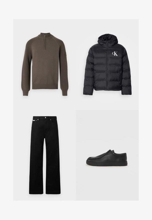 Svart puffjacka med dragkedja framtill, huva och vitt "CK"-logotyp. Har en vadderad design och slät, glänsande yta.; Brun stickad tröja med långa ärmar, halvdragkedja vid kragen, ribbade muddar och nederkant, samt en liten lapp på vänster ärm.; Svarta denimbyxor med en vid bendesign, som har fem fickor och metallknappar. Slät textur, inga synliga mönster.; Svart lädersko med rundad tå, med sömmande detaljer och svart gummisula. Slät textur med minimalistisk design.