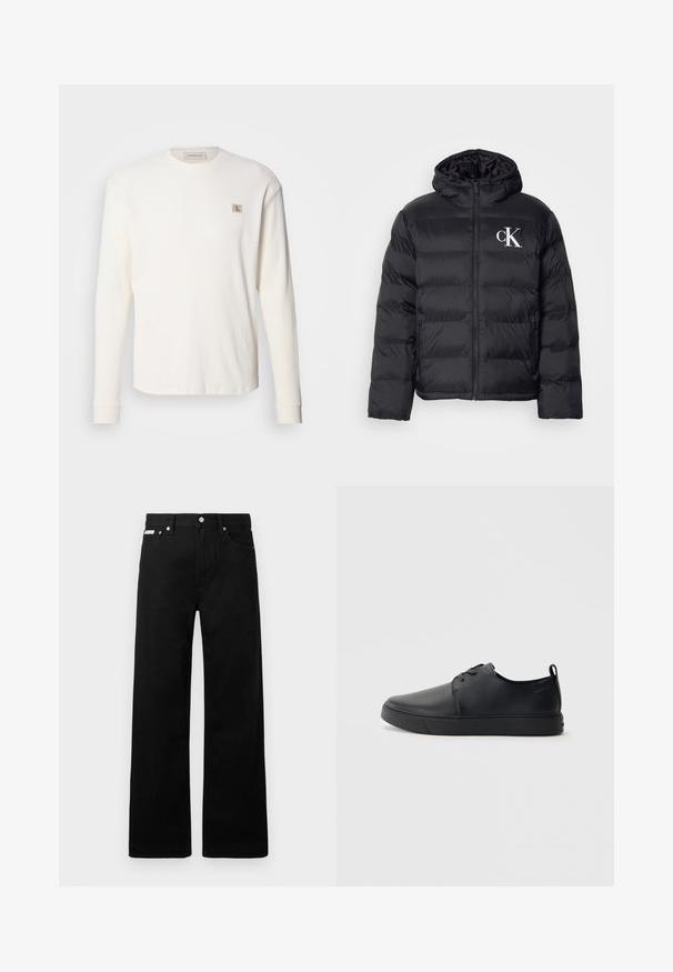 Černá péřová bunda s předním zipem, kapucí a bílým logem "CK". Obsahuje prošívaný design a hladký, lesklý povrch.; Bílý termální top s dlouhým rukávem a žebrovanou strukturou, na hrudi s malou béžovou nášivkou a obepnutými manžetami.; Černé denimové kalhoty s širokým střihem, s pěti kapsami a kovovými knoflíky. Hladký povrch, bez viditelných vzorů.; Černé kožené tenisky s hladkým povrchem, zaoblenou špičkou, tónovým prošíváním, šněrovacím uzávěrem a plochou gumovou podrážkou. Očko na patě.