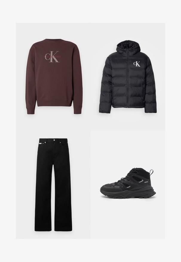 Svart puffjacka med dragkedja framtill, huva och vitt "CK"-logotyp. Har en vadderad design och slät, glänsande yta.; Brun sweatshirt med rund halsringning. Har "Calvin Klein"-logotyp i grått och vinrött på baksidan. Mjukt tyg med ribbade muddar och fåll.; Svarta denimbyxor med en vid bendesign, som har fem fickor och metallknappar. Slät textur, inga synliga mönster.; Svarta vandringsskor med ett flerskiktat mönster, texturerat tyg och gummisula, med förstärkta områden och snörning fram.