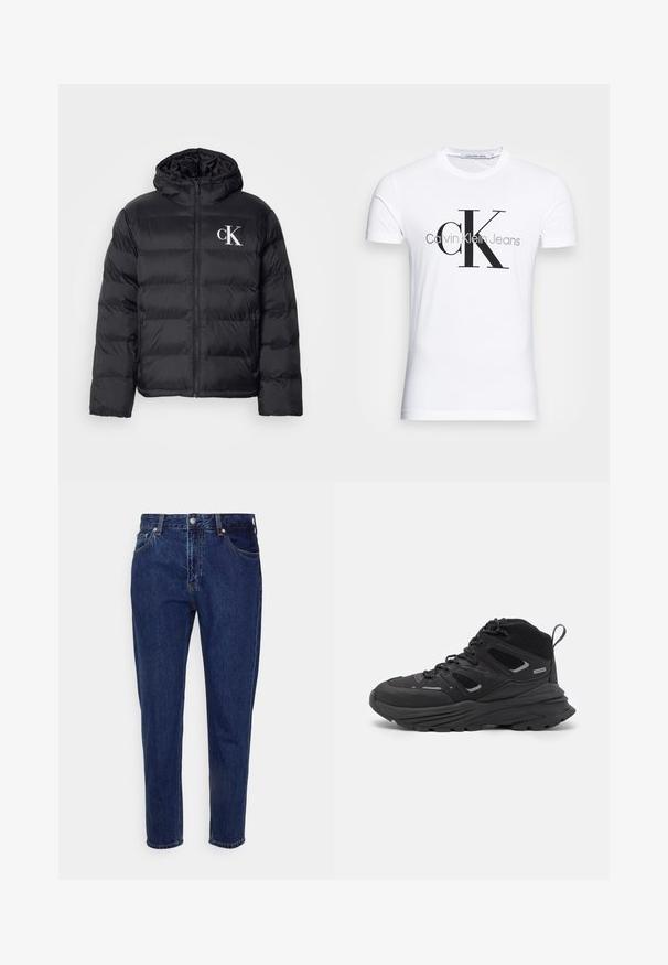 Zwarte pufferjack met een ritssluiting aan de voorkant, een capuchon en een witte "CK"-logo. Heeft een gewatteerd ontwerp en een gladde, glanzende textuur.; Witte katoenen t-shirt met een zwart "CK" logo en de tekst "Calvin Klein Jeans", korte mouwen en een klassieke ronde hals.; Donkerblauwe denim jeans met een recht model, vijf zakken en een knoopsluiting. Bevat subtiele vervaging en stikseldetails.; Zwarte wandelschoenen met een gelaagd ontwerp, textiele stof en rubberen zool, met verstevigde delen en een vetersluiting aan de voorkant.