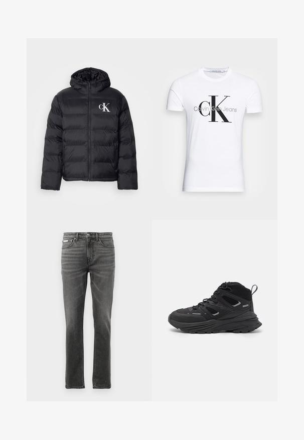 Mustat untuvatakki, jossa on vetoketjullinen etuosa, huppu ja valkoinen "CK"-logo. Takissa on tilkkutäkkikuvio ja sileä, kiiltävä pinta.; Valkoinen puuvillateeppari, jossa on musta "CK"-logo ja "Calvin Klein Jeans" -teksti, lyhyet hihat ja klassinen pyöreä kaula-aukko.; Tummanharmaat farkut, suora lahje, viisi taskua, hienovaraiset haalistumismallit ja metalliset yksityiskohdat vyötäröllä.; Mustia vaeltajakenkiä, joissa on kerroksellinen muotoilu, teksturoitu kangas ja kumipohja. Kenkien vahvistettuja alueita ja nauhakiinnitys edessä.