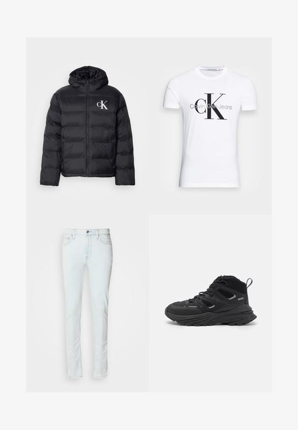 Casaco puffer preto com fecho frontal, capuz e logótipo "CK" branco. Apresenta um design acolchoado e uma textura suave e brilhante.; T-shirt de algodão branco com um logotipo preto "CK" e o texto "Calvin Klein Jeans", com mangas curtas e um decote redondo clássico.; Calças de ganga azul claro com um design de perna reta, cinco bolsos e fecho frontal com botão. Apresenta costura discreta e um ajuste clássico.; Botas de caminhada pretas com um design em camadas, tecido texturizado e sola de borracha, com áreas reforçadas e atacadores na frente.