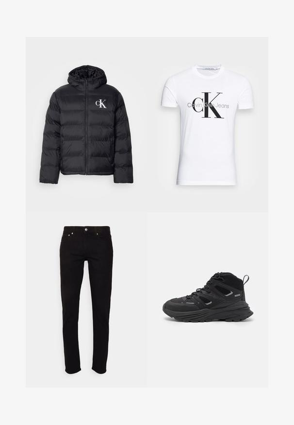 Svart pufferjakke med glidelås foran, hette og hvit "CK" logo. Har en quiltet design og en glatt, skinnende tekstur.; Hvit bomull T-skjorte med svart "CK" logo og "Calvin Klein Jeans" tekst, korte ermer og klassisk rund hals.; Sorte jeans produsert i denim med slim fit, femlommedesign og metallbeslag, med en klassisk knapp- og glidelås-lukking.; Sorte tursko med en lagdelt design, teksturert stoff og gummisåle, med forsterkede områder og snøring foran.