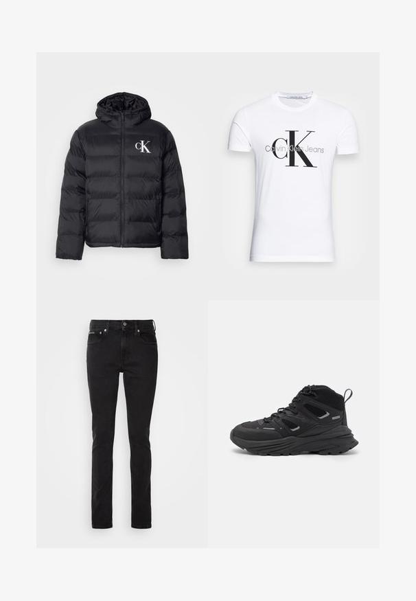 Črni puffjakna z zadrgo spredaj, kapuco in belim logotipom "CK". Ima prešito zasnovo in gladko, sijočo teksturo.; Bela bomba majica iz bombaža z črnim logotipom "CK" in napisom "Calvin Klein Jeans", kratkimi rokavi in klasičnim okroglim ovratnikom.; Črne denim jeans hlače s ozkim krojem, ki imajo pet žepov, gumbasto zapiranje in diskretne šivane detajle. Gladka tekstura, brez vzorcev.; Črne pohodne čevlje z večplastno zasnovo, teksturirano tkanino in gumijastim podplatom, z ojačanimi deli in vezalkami spredaj.