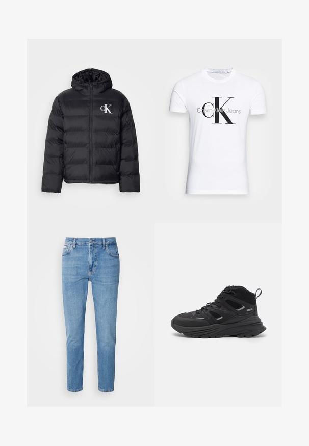 Svart pufferjakke med glidelås foran, hette og hvit "CK" logo. Har en quiltet design og en glatt, skinnende tekstur.; Hvit bomull T-skjorte med svart "CK" logo og "Calvin Klein Jeans" tekst, korte ermer og klassisk rund hals.; Lyseblå denimjeans med rett snitt, fem lommer og subtil falming. Har knappelukking og beltehemper.; Sorte tursko med en lagdelt design, teksturert stoff og gummisåle, med forsterkede områder og snøring foran.