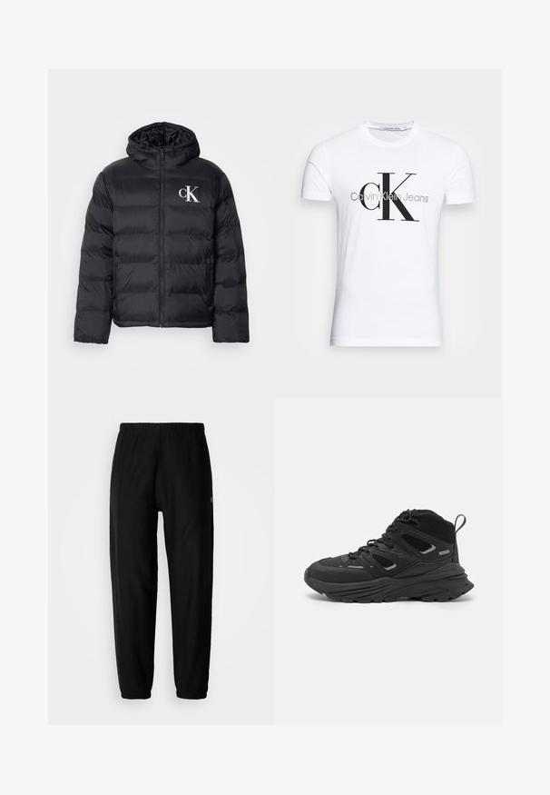 Fekete puffernadrágos dzseki, elülső cipzárral, kapucnival és fehér "CK" logóval. Steppelt kialakítású, sima, fényes textúrával rendelkezik.; Fehér pamut póló fekete "CK" logóval és "Calvin Klein Jeans" felirattal, rövid ujjal és klasszikus, kerek nyakkivágással.; Fekete melegítőnadrág, gumis derékkal, tapered lábakkal és mandzsettával. Simább szövettextúra. Logó részlet az oldalon.; Fekete túracipő rétegezett kialakítással, texturált anyaggal és gumitalppal, megerősített részekkel és fűzős elülső résszel.