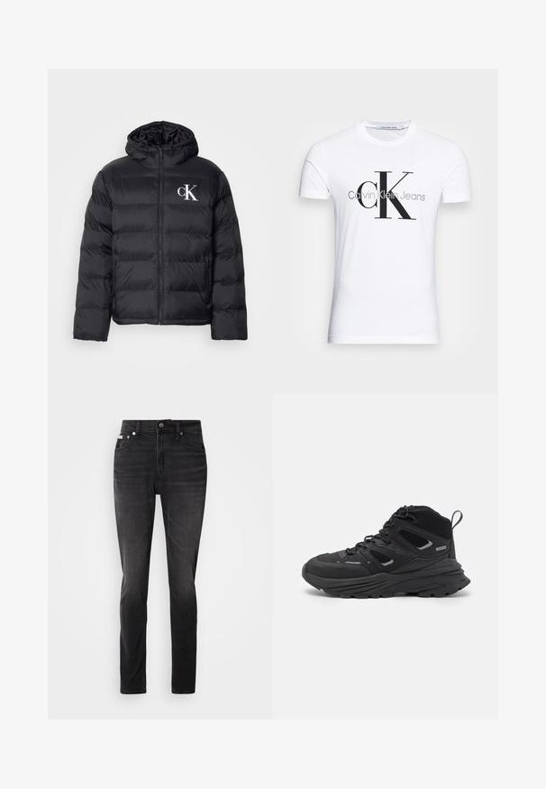 Casaco puffer preto com fecho frontal, capuz e logótipo "CK" branco. Apresenta um design acolchoado e uma textura suave e brilhante.; T-shirt de algodão branco com um logotipo preto "CK" e o texto "Calvin Klein Jeans", com mangas curtas e um decote redondo clássico.; Jeans em denim preto com um corte justo, design de cinco bolsos e fecho por botão. Apresentam um desbotamento subtil e acabamentos em costura nos bolsos.; Botas de caminhada pretas com um design em camadas, tecido texturizado e sola de borracha, com áreas reforçadas e atacadores na frente.
