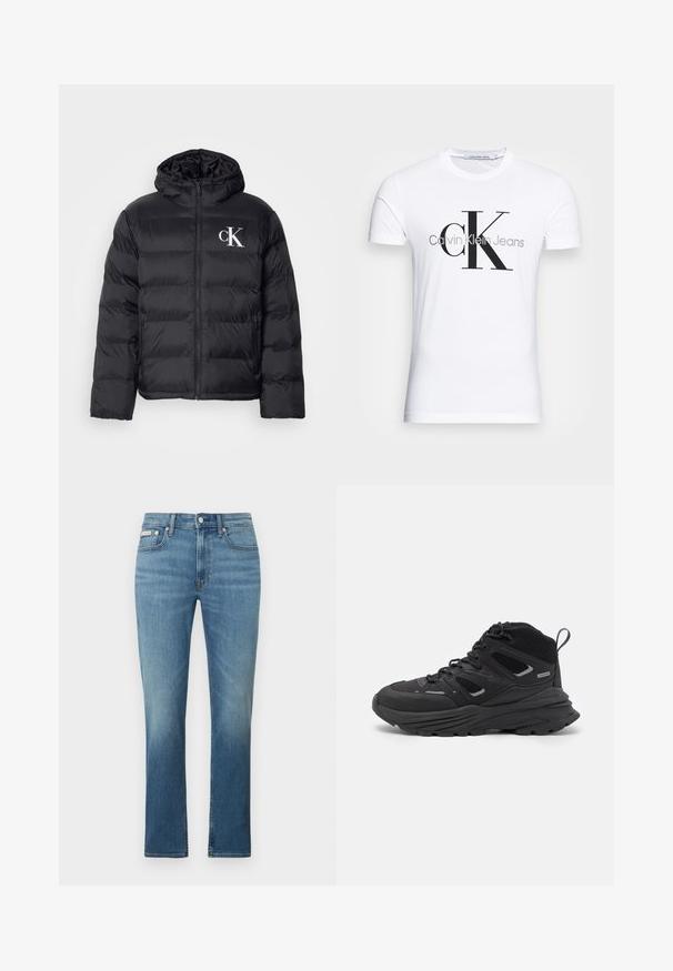 Melnā pūkainā jaka ar rāvējslēdzēja priekšpusi, kapuci un baltu "CK" logotipu. Iezīmējas ar kvadrātveida dizainu un gludu, spīdīgu tekstūru.; Baltas kokvilnas T-krekls ar melnu "CK" logo un tekstu "Calvin Klein Jeans", īsām piedurknēm un klasisku apaļu kakla izgriezumu.; Zilas džinsa bikses ar taisnu kāju stilu, vidēja augstuma jostasvietu un smalkām krunciņām, pabeigtas ar klasisko piecu kabatu dizainu.; Melnas pārgājienu kurpes ar slāņotu dizainu, teksturētu audumu un gumijas zoli, ar nostiprinātām vietām un auklām priekšā.