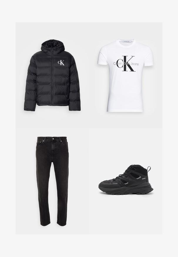 Casaco puffer preto com fecho frontal, capuz e logótipo "CK" branco. Apresenta um design acolchoado e uma textura suave e brilhante.; T-shirt de algodão branco com um logotipo preto "CK" e o texto "Calvin Klein Jeans", com mangas curtas e um decote redondo clássico.; Calças de ganga pretas com um design de perna reta, apresentando uma cintura média, passantes para cinto e estilo de cinco bolsos. Textura suave com desbotamento mínimo.; Botas de caminhada pretas com um design em camadas, tecido texturizado e sola de borracha, com áreas reforçadas e atacadores na frente.
