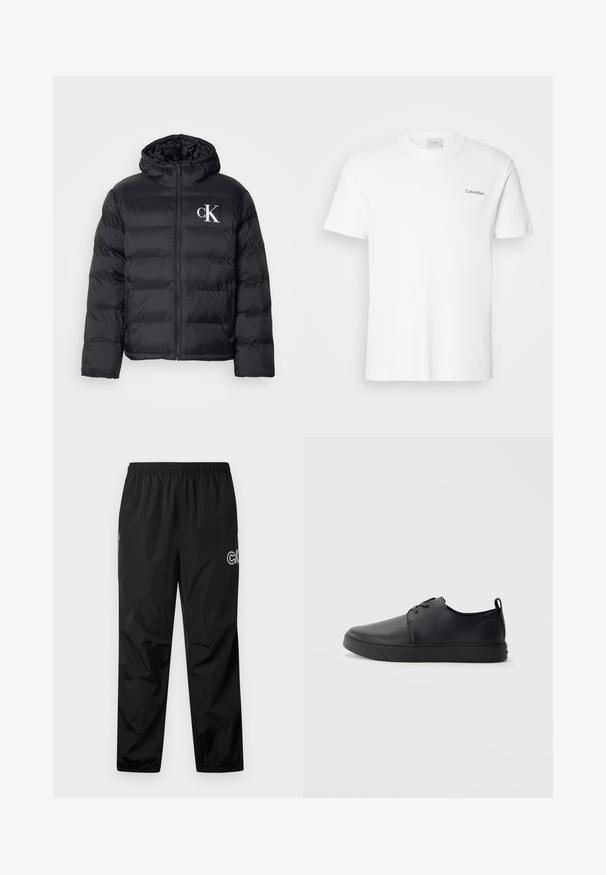 Schwarze Daunenjacke mit Reißverschluss vorne, Kapuze und weißem "CK"-Logo. Verfügt über ein gestepptes Design und eine glatte, glanzvolle Textur.; Weißes Baumwoll-T-Shirt mit kurzen Ärmeln und Rundhalsausschnitt. Mit einem kleinen schwarzen "Calvin Klein"-Logo auf der linken Brust.; Schwarze Regenhose aus leichtem, wasserdichtem Material. Mit einem elastischen Bund und Logodetail an der Seite. Glatte Textur.; Schwarze Leder-Sneaker mit glatter Oberfläche, abgerundeter Zehenpartie, gleichfarbiger Nähte, schnürbarem Vorderteil und flacher Gummisohle. Schlaufe an der Ferse.