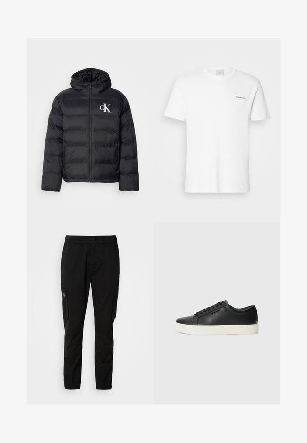 Schwarze Daunenjacke mit Reißverschluss vorne, Kapuze und weißem "CK"-Logo. Verfügt über ein gestepptes Design und eine glatte, glanzvolle Textur.; Weißes Baumwoll-T-Shirt mit kurzen Ärmeln und Rundhalsausschnitt. Mit einem kleinen schwarzen "Calvin Klein"-Logo auf der linken Brust.; Schwarze Cargo-Hose mit elastischem Bund, Knopfverschluss, zwei Seitentaschen und zwei Cargo-Taschen. Glattes Material mit lässiger Passform.; Schwarze Leder-Sneaker mit perforierter Textur, runder Zehenpartie und flacher, weißer Gummisohle. Mit schwarzen Schnürsenkeln und einem dezenten Logo an der Seite.