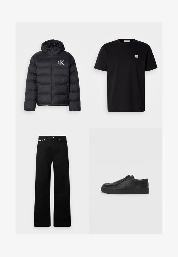 Sort pufferjakke med lynlås foran, hætte og hvidt "CK" logo. Har en quiltet design og en glat, skinnende overflade.; Sort bomulds T-shirt med korte ærmer, rund halsudskæring og et lille broderet logo på venstre bryst. Glat tekstur, almindelig pasform.; Sorte denimbukser med bred ben-design, der har fem lommer og metallisk knapdetalje. Glat tekstur, uden synlige mønstre.; Sorte læderslippersko med en rund tå, stikninger og sort gummisål. Glat tekstur med minimalistisk design.