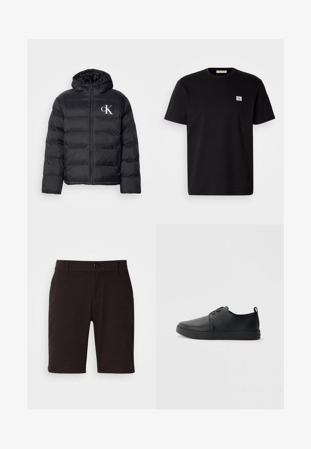 Fekete puffernadrágos dzseki, elülső cipzárral, kapucnival és fehér "CK" logóval. Steppelt kialakítású, sima, fényes textúrával rendelkezik.; Fekete pamut póló rövid ujjal, kerek nyakkivágással, és egy kis hímzett logóval a bal oldali mellrészén. Sima tapintású, normál szabású.; Fekete, sima anyagú rövidnadrág, gombos záródással, övcsatolókkal és letisztult vonalakkal. Hossza éppen a térd fölé ér.; Fekete bőr sportcipő sima felülettel, lekerekített orral, azonos színű varrással, fűzős elülső résszel és lapos gumitalppal. Hurok a sarkán.
