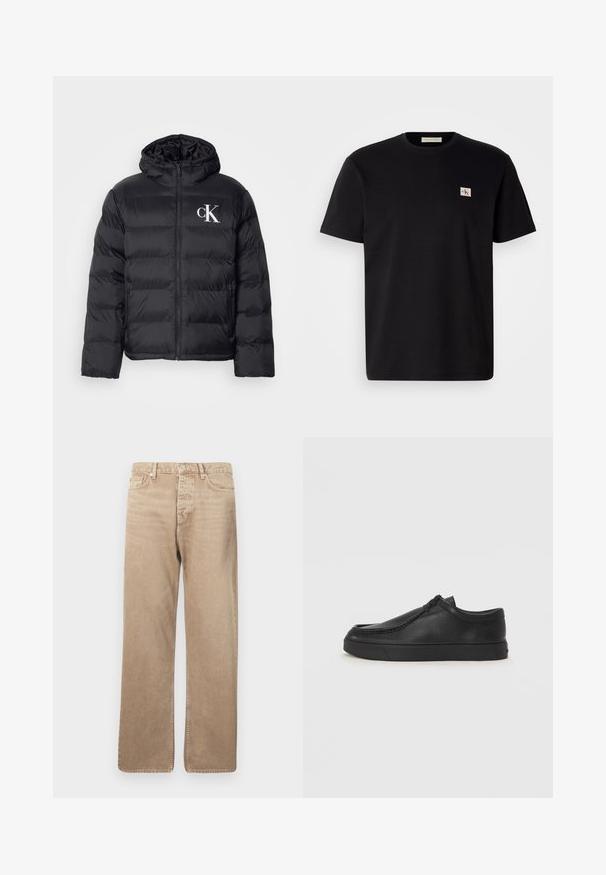 Čierna páperová bunda s predným zipsom, kapucňou a bielym logom "CK". Má prešívaný dizajn a hladkú, lesklú textúru.; Čierne bavlnené tričko s krátkymi rukávmi, okrúhlym výstrihom a malým vyšitým logom na ľavej hrudi. Hladká textúra, štandardný strih.; Béžové džínsové nohavice so strait fit, s piatimi vreckami, zapínaním na gombík a kontrastným prešívaním. Hladká textura a minimálne opotrebovanie.; Čierna kožená slip-on obuv s okrúhlou špičkou, prešívaním a čiernou gumovou podrážkou. Hladký povrch s minimalistickým dizajnom.