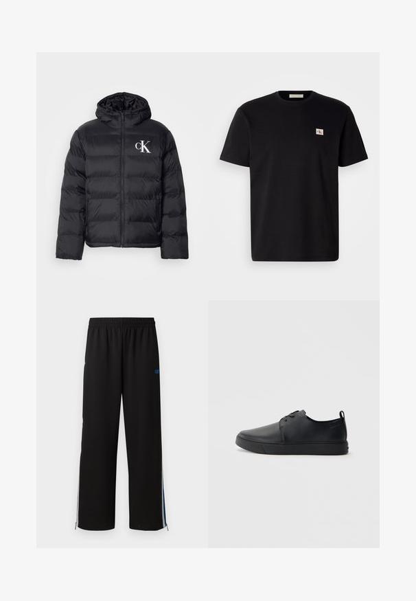 Zwarte pufferjack met een ritssluiting aan de voorkant, een capuchon en een witte "CK"-logo. Heeft een gewatteerd ontwerp en een gladde, glanzende textuur.; Zwart katoenen T-shirt met korte mouwen, ronde hals en een klein geborduurd logo op de linker borst. Soepele textuur, normale pasvorm.; Zwarte joggingbroek met een elastische tailleband, zijritsen en blauwe accenten op de buitenste naden. Glad materiaal met een recht model.; Zwarte leren sneaker met een gladde afwerking, ronde neus, tonale stiknaden, vetersluiting aan de voorkant en een vlakke rubberen zool. Lussje aan de hak.