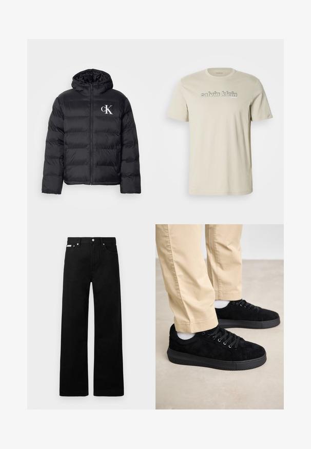 Čierna páperová bunda s predným zipsom, kapucňou a bielym logom "CK". Má prešívaný dizajn a hladkú, lesklú textúru.; Béžové bavlnené tričko s kulatým výstrihom, s výrazným šedým logom "calvin klein" napísaným cez hruď v decentnom písme.; Čierne džínsy s širokými nohavicami, obsahujúce päť vreciek a kovové zapínanie. Hladká textúra, bez viditeľných vzorov.; Calvin Klein Jeans CHUNKY CUPSOLE - Tenisky - triple black