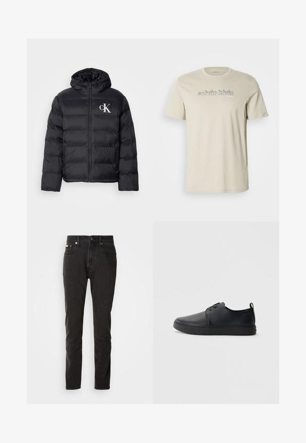 Casaco puffer preto com fecho frontal, capuz e logótipo "CK" branco. Apresenta um design acolchoado e uma textura suave e brilhante.; T-shirt de algodão bege com gola redonda, apresentando um destacado logotipo cinza "calvin klein" no peito em um estilo de fonte discreto.; Jeans de denim preto com um corte reto, cinco bolsos, fecho de botão e detalhes de costura contrastante discreta.; Sapatilha de couro preta com um acabamento liso, bico arredondado, costura ton sur ton, frente com atacadores e sola plana de borracha. Alça no calcanhar.