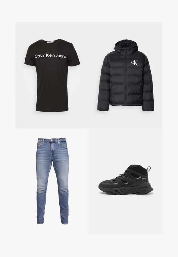 Mustat untuvatakki, jossa on vetoketjullinen etuosa, huppu ja valkoinen "CK"-logo. Takissa on tilkkutäkkikuvio ja sileä, kiiltävä pinta.; Musta puuvillapaita, jossa on pyöreä pääntie ja lyhyet hihat; "Calvin Klein Jeans" -logo valkoisena rinnassa.; Siniset slim-fit farkut, joissa on viisi taskua, haalistunut pesu, nappi suljenta ja vyölenkit, esillä valkoista taustaa vasten.; Mustia vaeltajakenkiä, joissa on kerroksellinen muotoilu, teksturoitu kangas ja kumipohja. Kenkien vahvistettuja alueita ja nauhakiinnitys edessä.