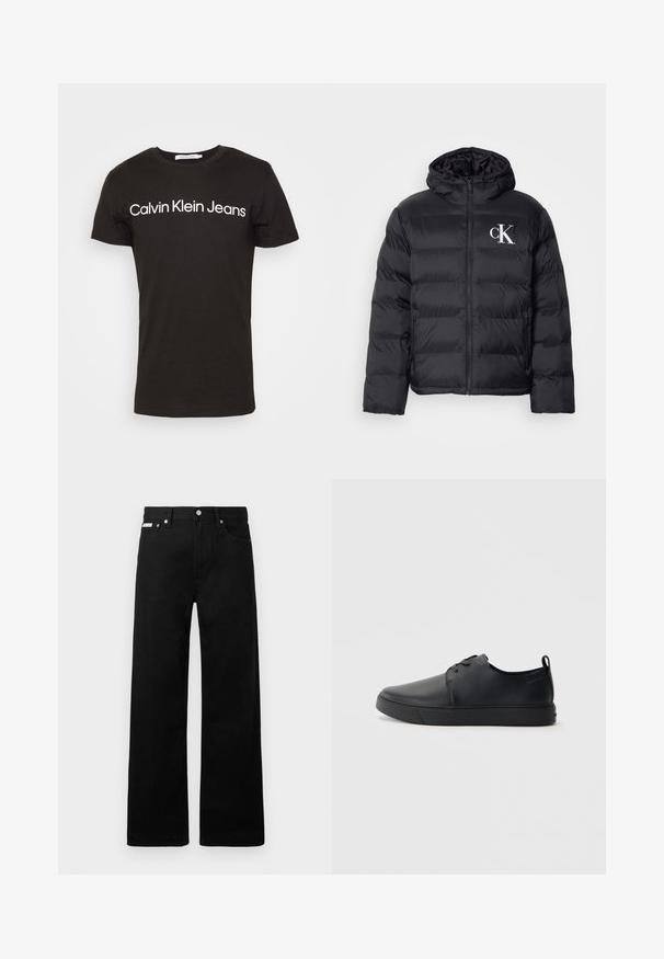 Casaco puffer preto com fecho frontal, capuz e logótipo "CK" branco. Apresenta um design acolchoado e uma textura suave e brilhante.; T-shirt preta de algodão com decote redondo e mangas curtas; logótipo "Calvin Klein Jeans" em branco na parte da frente.; Calças de ganga pretas com um design de pernas largas, apresentando cinco bolsos e fechos metálicos. Textura suave, sem padrões visíveis.; Sapatilha de couro preta com um acabamento liso, bico arredondado, costura ton sur ton, frente com atacadores e sola plana de borracha. Alça no calcanhar.