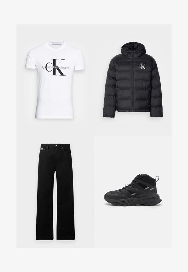 Mustat untuvatakki, jossa on vetoketjullinen etuosa, huppu ja valkoinen "CK"-logo. Takissa on tilkkutäkkikuvio ja sileä, kiiltävä pinta.; Valkoinen puuvillateeppari, jossa on musta "CK"-logo ja "Calvin Klein Jeans" -teksti, lyhyet hihat ja klassinen pyöreä kaula-aukko.; Mustat farkut leveällä lahkeella, joissa on viisi taskua ja metalliset napit. Sileä pinta, ei näkyviä kuvioita.; Mustia vaeltajakenkiä, joissa on kerroksellinen muotoilu, teksturoitu kangas ja kumipohja. Kenkien vahvistettuja alueita ja nauhakiinnitys edessä.