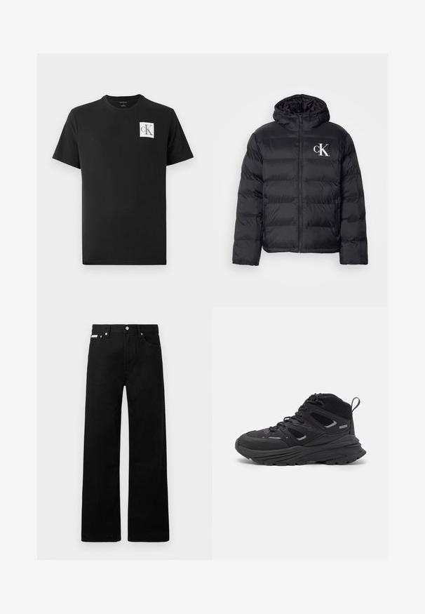 Una chaqueta acolchada negra con cremallera frontal, capucha y el logo "CK" en blanco. Presenta un diseño acolchado y una textura suave y brillante.; Camiseta de algodón negra con mangas cortas y cuello redondo. Presenta un logo cuadrado blanco con "CK" en negro en el lado izquierdo del pecho.; Pantalones de mezclilla negros con un diseño de pierna ancha, que cuentan con cinco bolsillos y herrajes de botón metálico. Textura suave, sin patrones visibles.; Botas de senderismo negras con un diseño estratificado, tejido texturizado y suela de goma, con áreas reforzadas y cordones en la parte delantera.