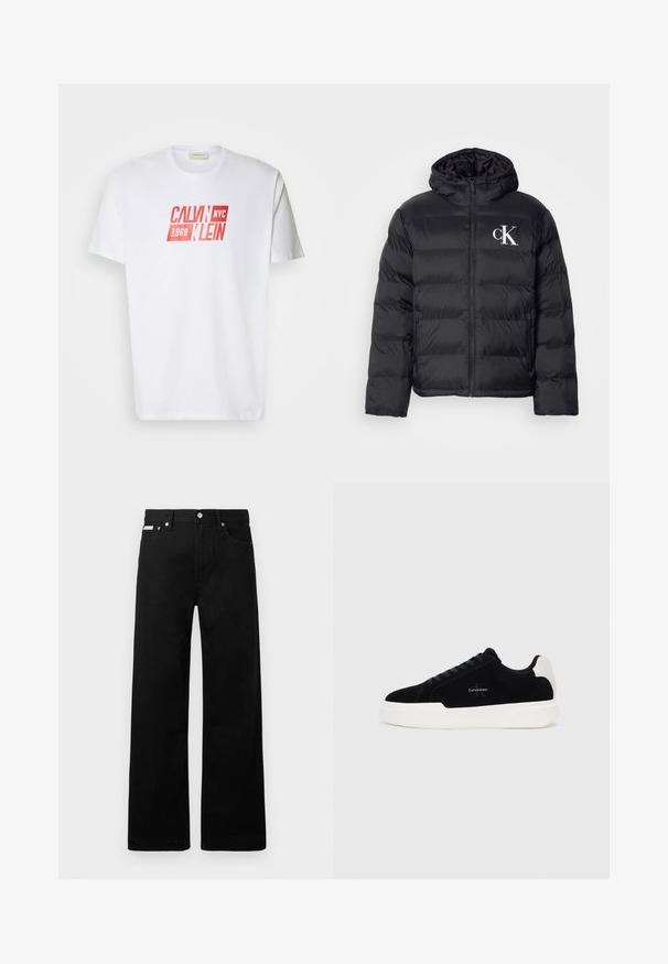 Casaco puffer preto com fecho frontal, capuz e logótipo "CK" branco. Apresenta um design acolchoado e uma textura suave e brilhante.; T-shirt de algodão branco com a inscrição gráfica vermelha "CALVIN NYC 1968" na frente, com decote redondo e mangas curtas.; Calças de ganga pretas com um design de pernas largas, apresentando cinco bolsos e fechos metálicos. Textura suave, sem padrões visíveis.; Sapatilha preta de cano baixo com sola e aba do calcanhar brancas, com atacadores à frente e logotipo da Calvin Klein na lateral.