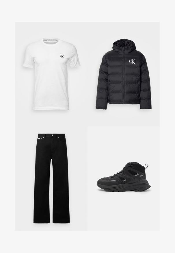 Geacă puffer neagră cu fermoar frontal, glugă și logo alb "CK". Prezintă un design matlasat și o textură netedă, lucioasă.; Tricou alb din bumbac, cu guler rotund și mâneci scurte, având un mic logo negru "ck" în zona stângă a pieptului.; Pantaloni din denim negri cu un design cu picioare largi, având cinci buzunare și accesorii metalice pentru butoane. Textură netedă, fără modele vizibile.; Pantofi de drumeție negri cu un design stratificat, material texturat și talpă din cauciuc, cu zone întărite și sistem de șireturi.