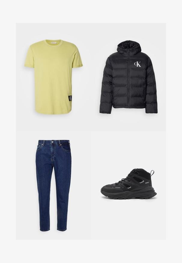 Casaco puffer preto com fecho frontal, capuz e logótipo "CK" branco. Apresenta um design acolchoado e uma textura suave e brilhante.; T-shirt de algodão verde limão com decote redondo, mangas curtas e um patch preto com o logótipo CK no lado esquerdo, perto da bainha.; Jeans de denim azul escuro com um corte reto, cinco bolsos e fecho de botão. Apresenta desbotamento sutil e detalhes de costura.; Botas de caminhada pretas com um design em camadas, tecido texturizado e sola de borracha, com áreas reforçadas e atacadores na frente.